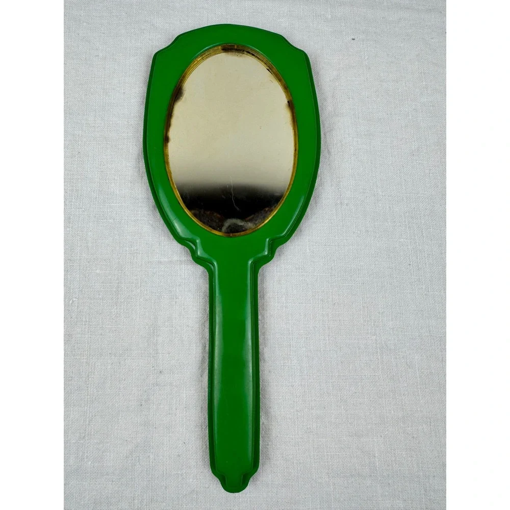 Vintage Green Floral Hand Mirror Mid Century Celluloid Cottagecore Vanity Decor